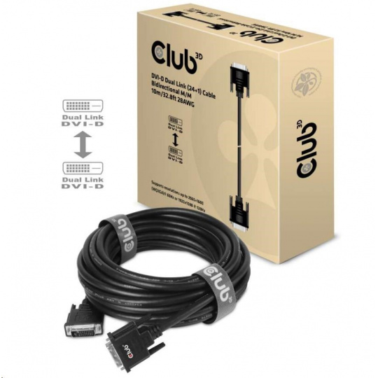 Club3D DVI-D Dual Link kábel (24+1), 10 m, obojsmerný, 28 AWG