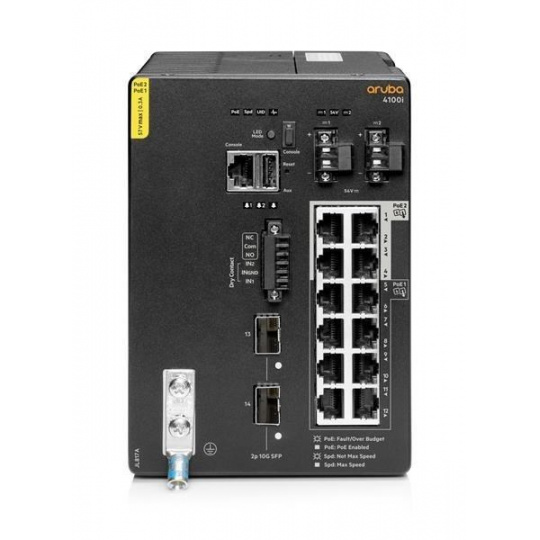 Aruba 4100i 12-port 1GbE (8-port Class 4 POE and 4-port Class 6 POE) 2-port SFP+ DIN Mount Switch