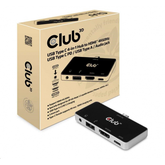 Club3D hub USB Type C 4-in-1 Hub to HDMI™ 4K60Hz USB Type C PD / USB Type A / Audio jack