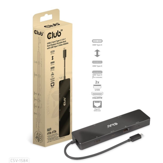 Club 3D dokovací stanice USB-C 3.2 Gen1 6in1 Hub 1x USB-C Video 4K60Hz, 1x HDMI 4K60Hz, 2x USB-A, USB-C PD 100W, RJ45