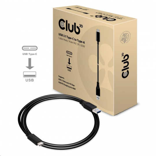 Kábel USB Club3D 3.1 Type-C na USB 3.1 Typ A, 10Gbps Power Delivery 60W (M/M), 1m