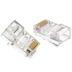 Konektor RJ45 nestíněný UTP CAT6 krimpovací pro kulaté kabely, balení 10ks  - RJ45 8P8C  8 pinů - Nestíněný konektor + vložka - Vhodné na lanko a drát Cat6 - 2 x prong - Prodejní balení 1 ks (větší balení po 100ks) - Material kontaktů: Phosphor bronze - Povrchová úprava kontaktů: Nickel, pozlacené kontakty 15 µ - Materiál konektoru: Polykarbonát, barva transparentní - Vhodné pro vodiče průměrů AWG (27/7 ... 24/7) - Teplotní rozsah: -40°C ... +70°C  Konektor má malou plastovou vložku s otvory na vodiče. Do vložky se nasunou jednotlivé vodiče a potom se vložka s vodiči nasune do těla konektoru a zakrimpuje kleštěmi.